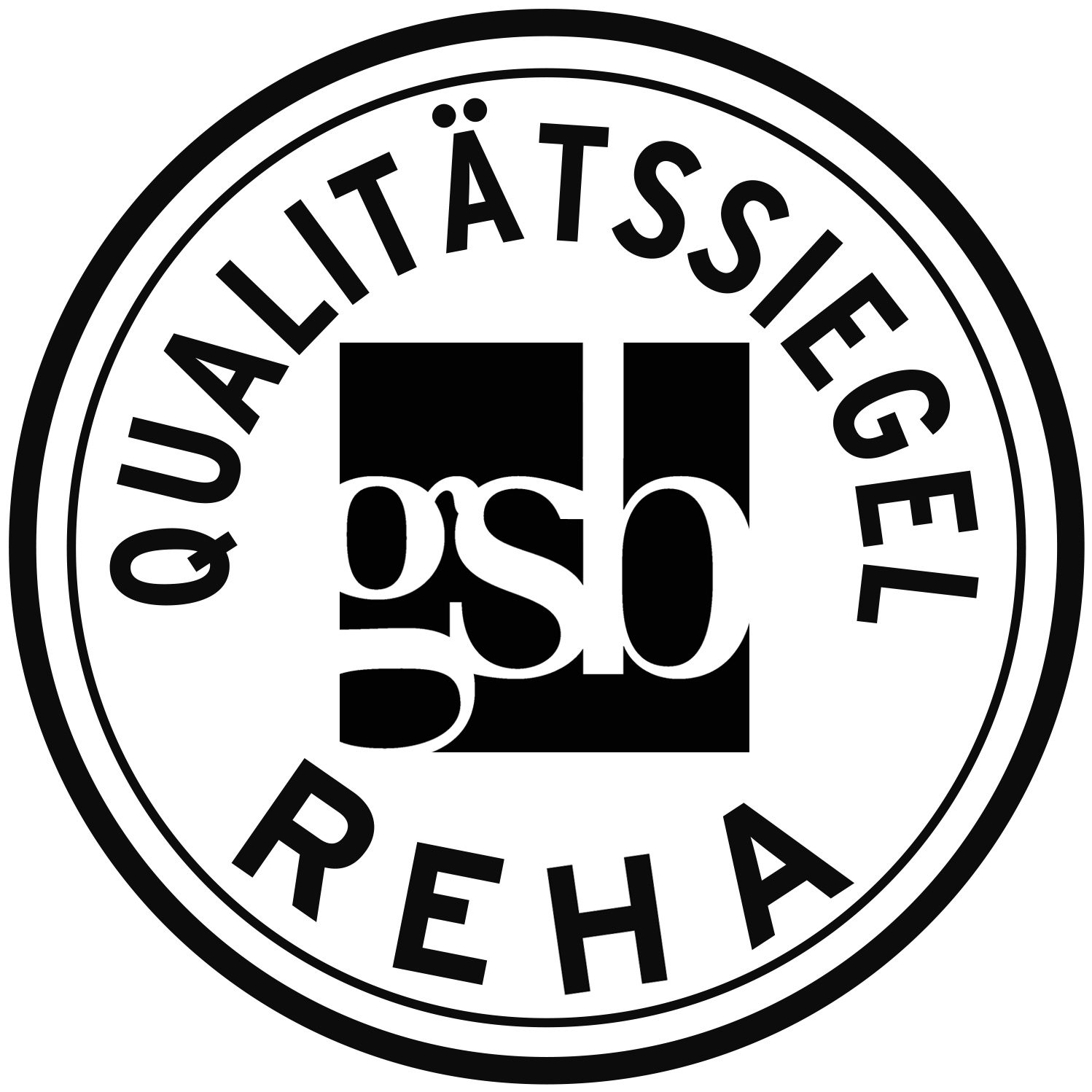 Rundes GSB Qualitätssiegel mit schwarzem Logo auf weißem Hintergrund und der Beschriftung Qualitätssiegel Reha